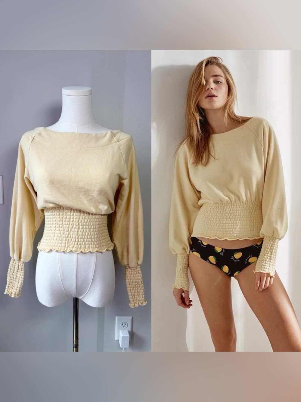 Urban Outfitters Out From Under Pale Yellow Smocked Sweatshirt